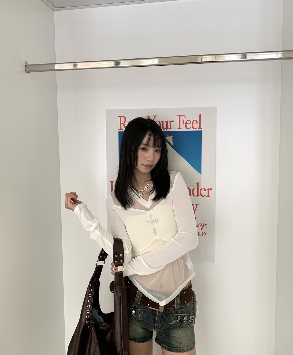 A61 預購十字設計感網紗長袖上衣