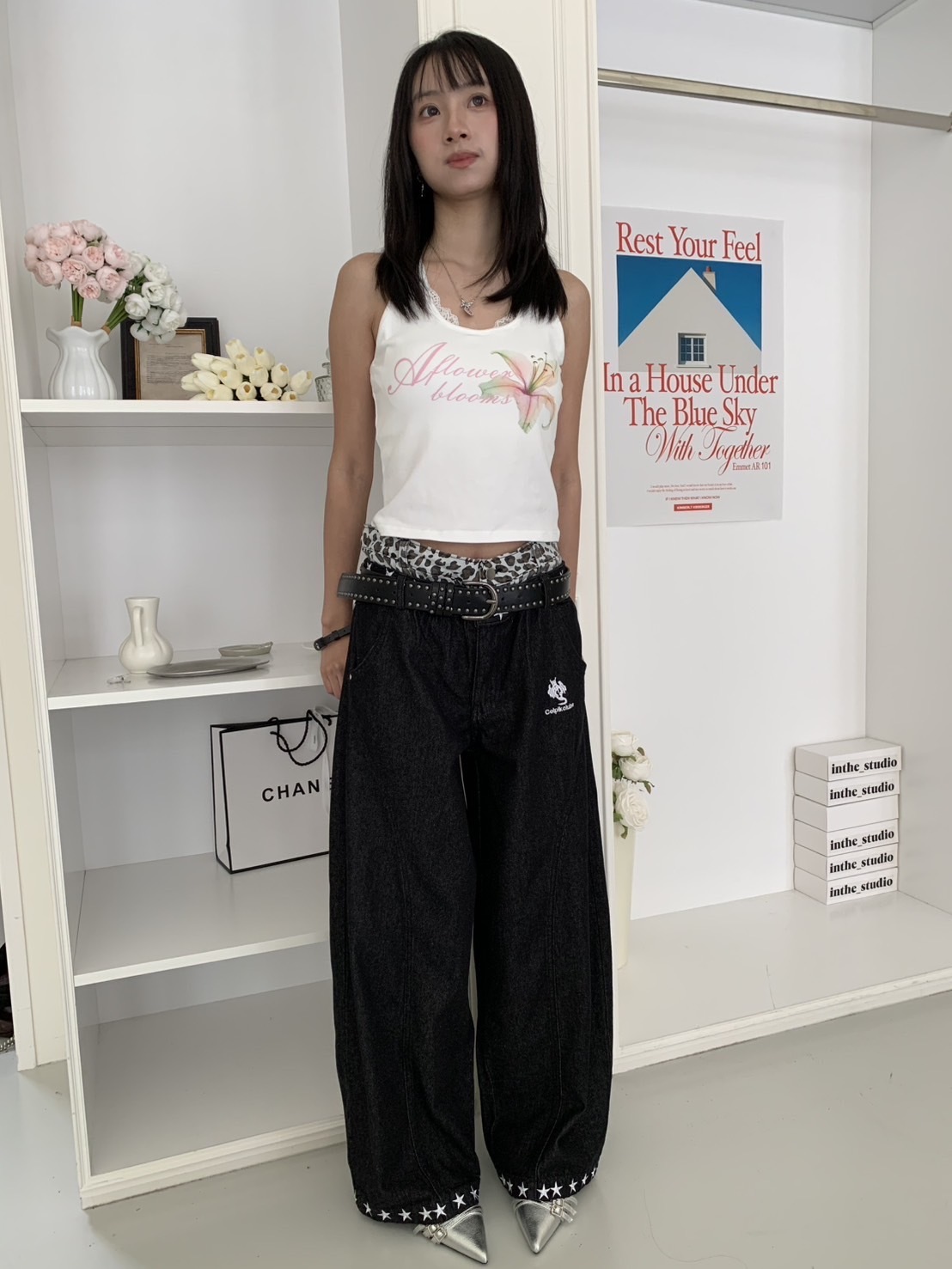 A67 預購豹紋撞星星牛仔寬褲