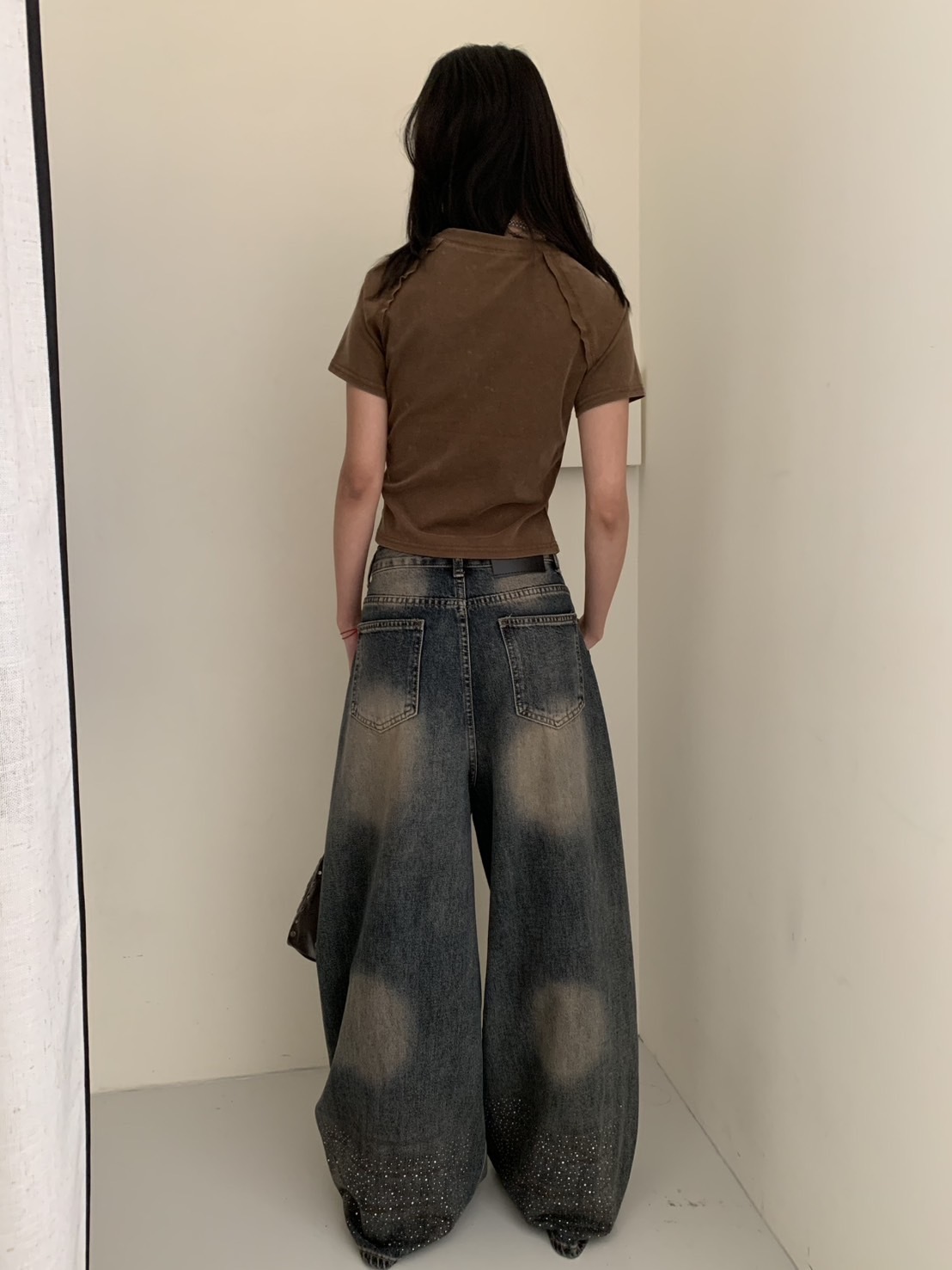 A69 預購復古感鑲鑽牛仔闊腿褲