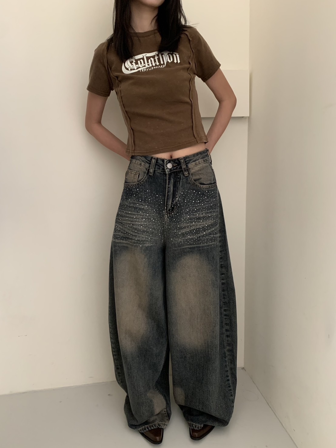 A69 預購復古感鑲鑽牛仔闊腿褲