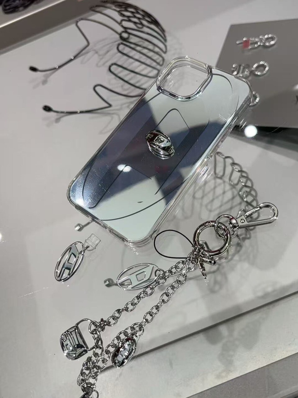 DIESEL 多Logo銀鏈吊飾組 手機鍊 Phone Charm