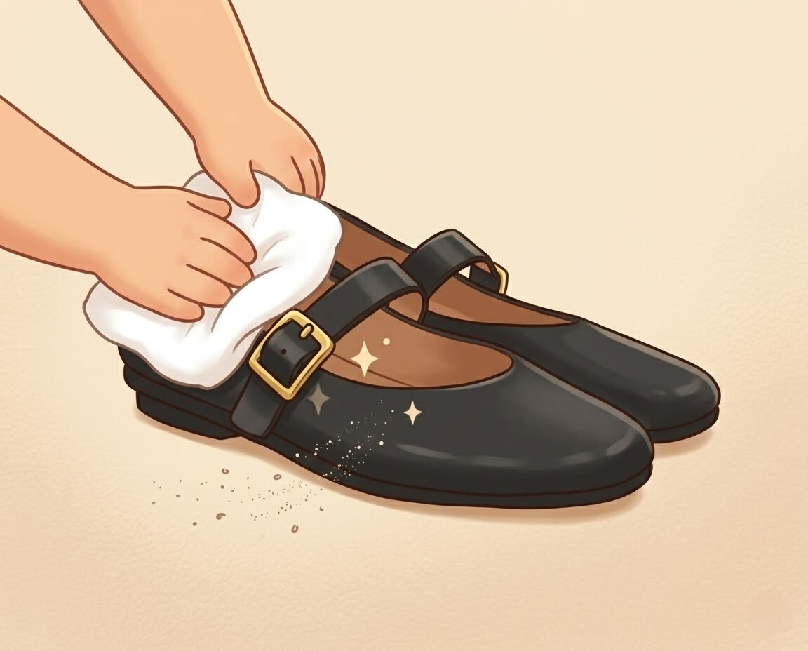 3 分鐘懶人真皮鞋保養術，回家脫鞋後使用乾淨軟布輕輕擦拭愛麗絲瑪莉珍鞋表面灰塵，並放置通風處陰乾排濕，輕鬆延長愛鞋壽命。