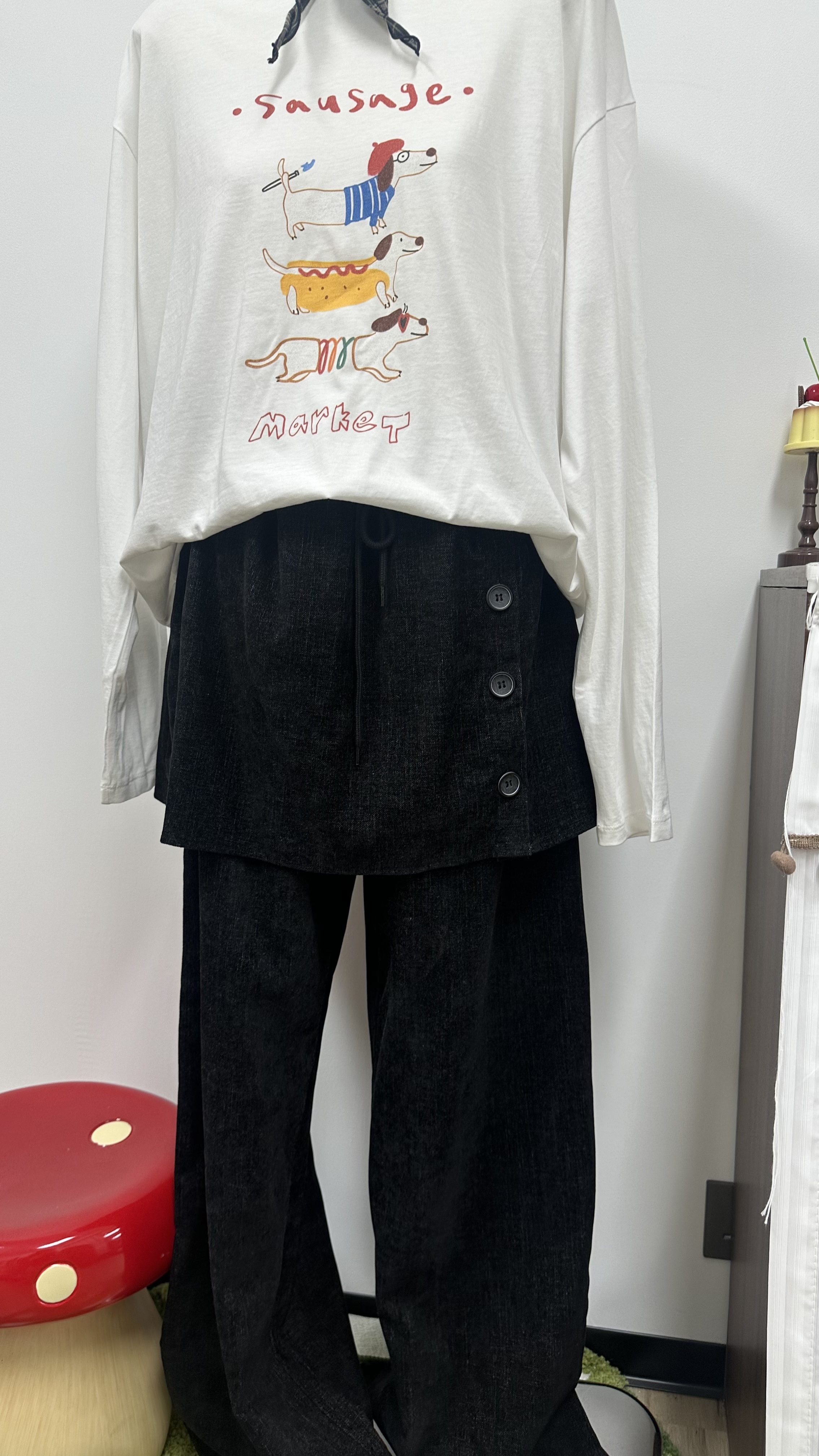 假兩件黑色闊腳裙褲