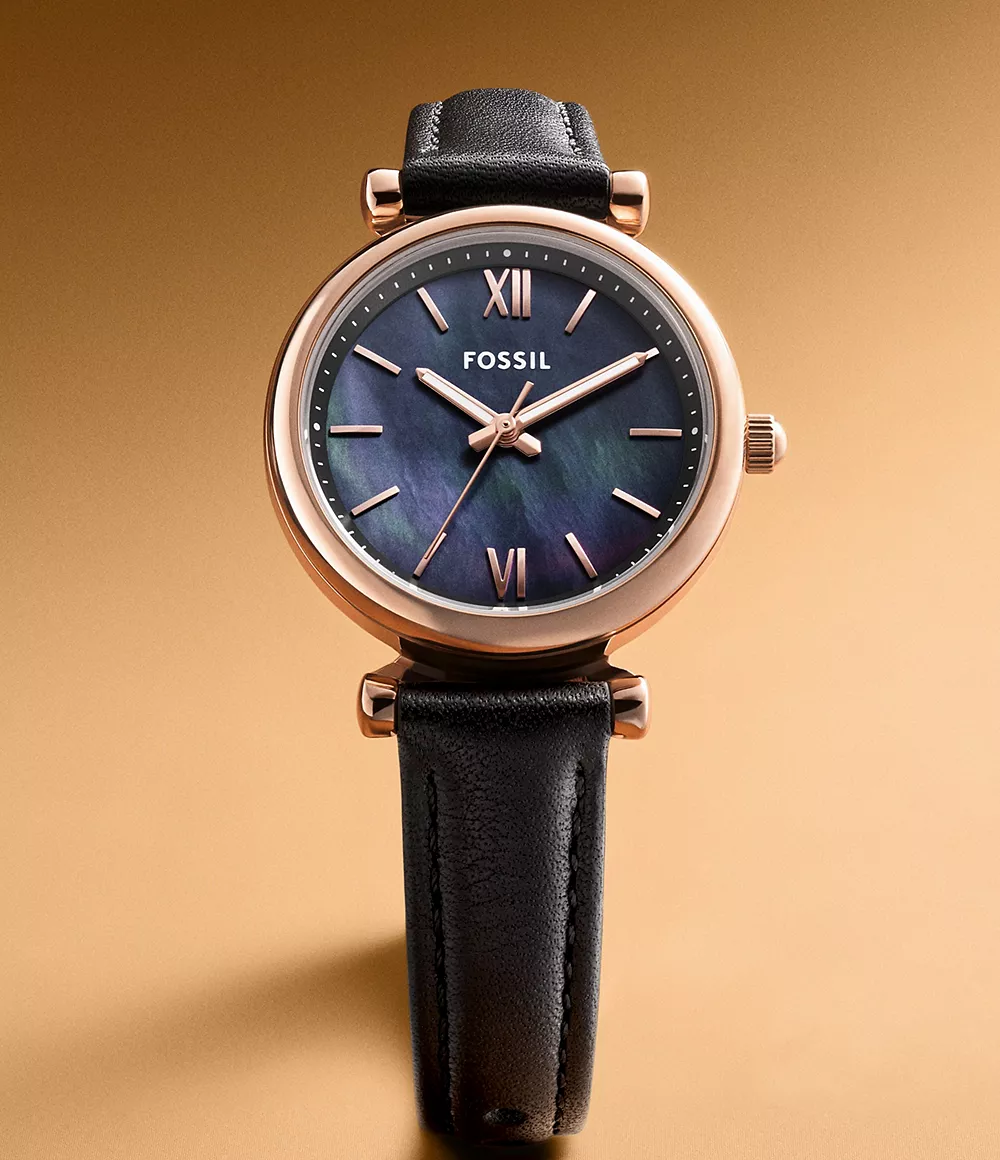 萬年鐘錶 - Fossil   黑色貝殼錶面真皮女錶 ES4700  錶徑28MM