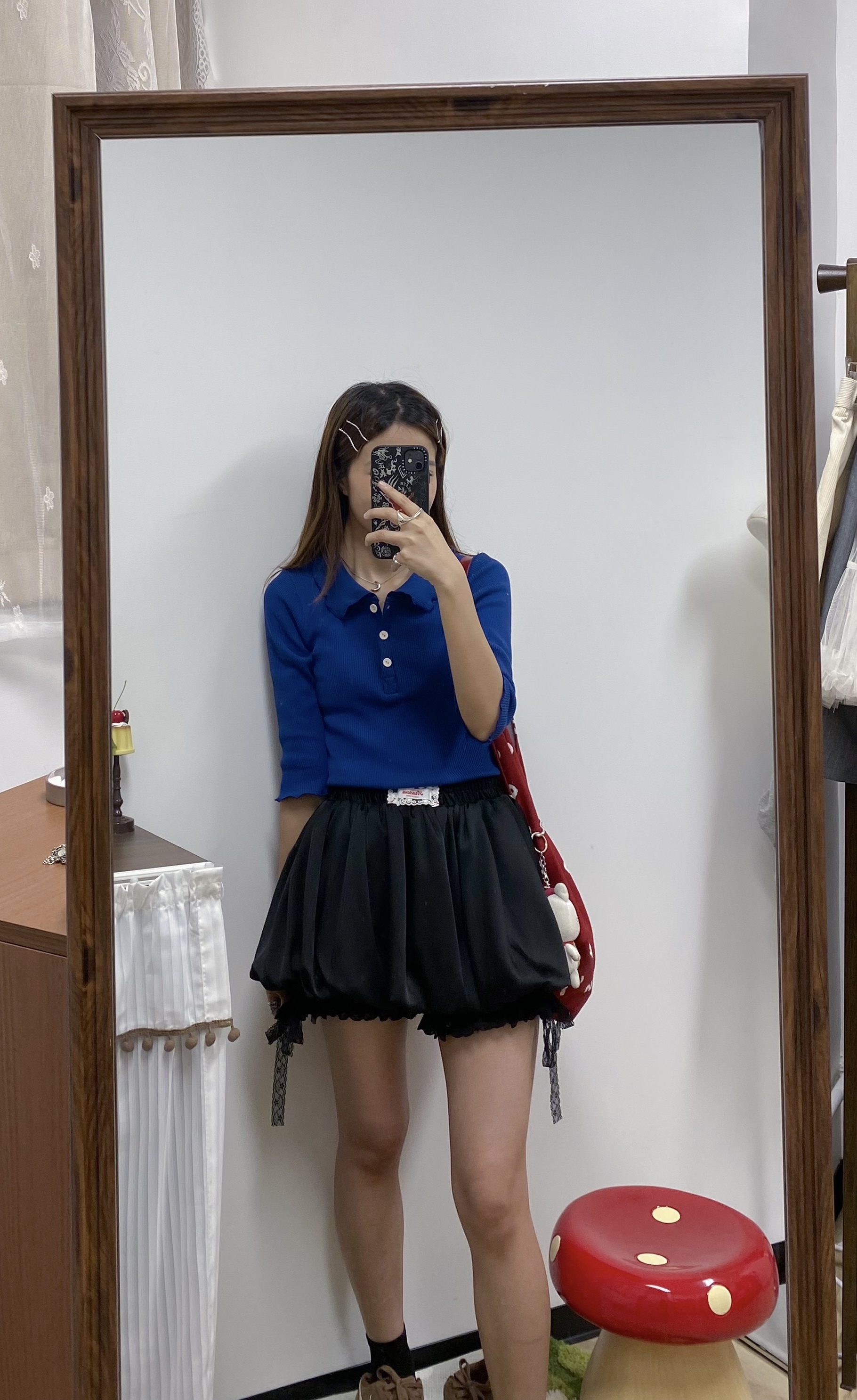 藍色鈕扣中袖TOP