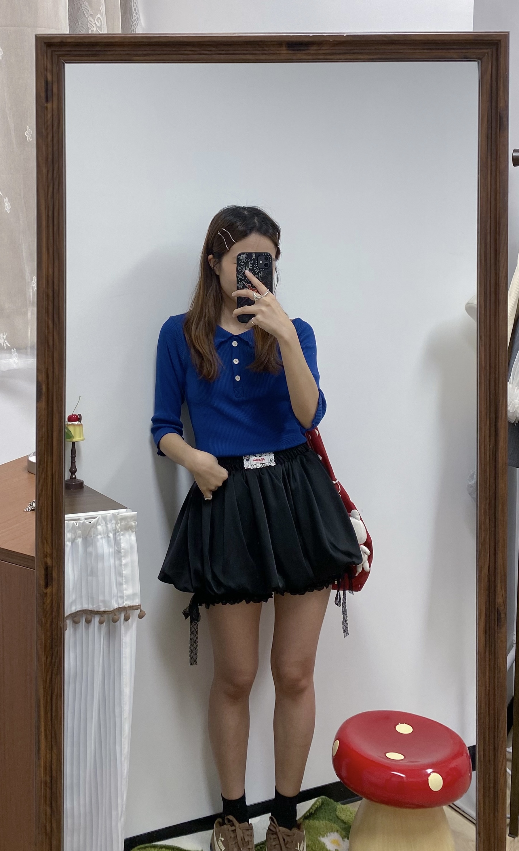 藍色鈕扣中袖TOP