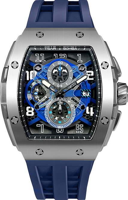 萬年鐘錶 - TSAR BOMBA 機械公爵 藍-元素面盤三眼計時矽膠錶帶男錶 TB8211Q-03 錶徑52MM