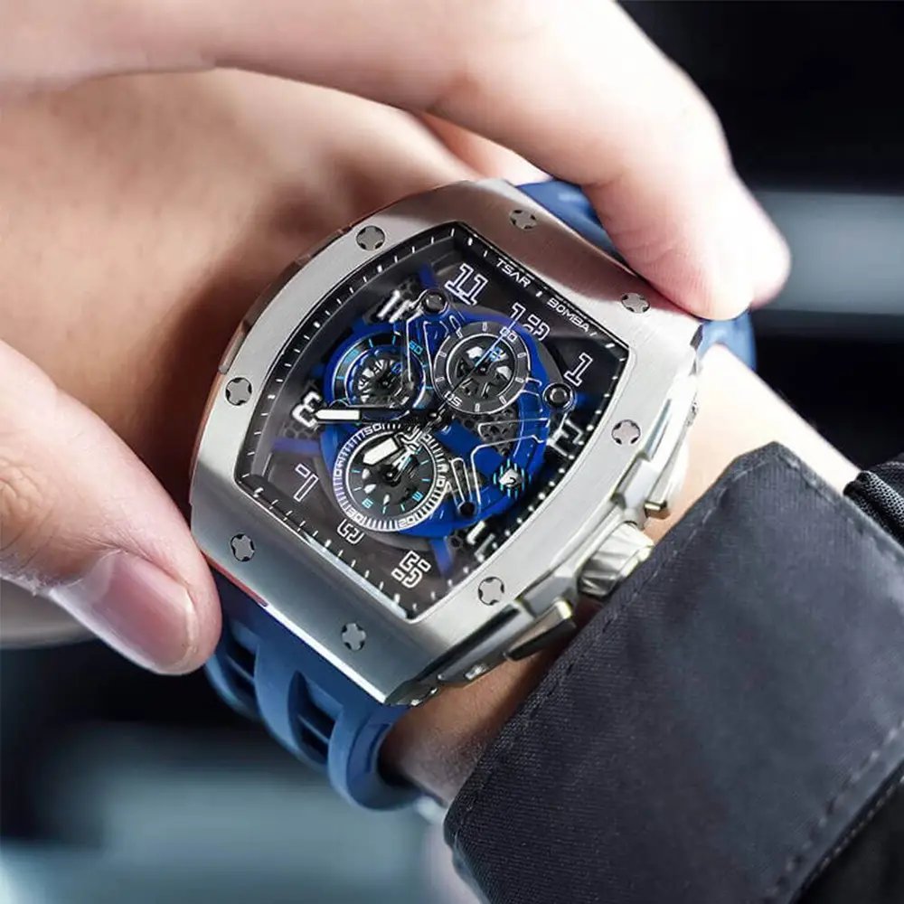 萬年鐘錶 - TSAR BOMBA 機械公爵 藍-元素面盤三眼計時矽膠錶帶男錶 TB8211Q-03 錶徑52MM