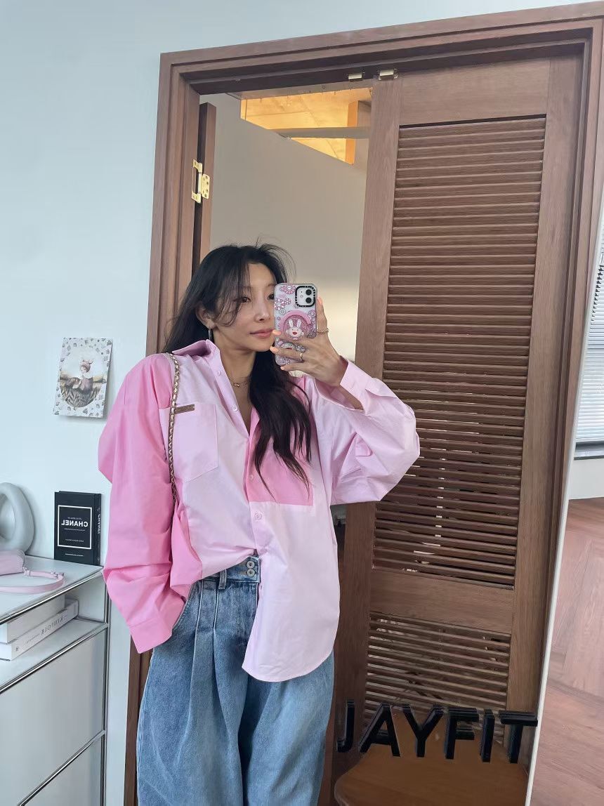 over size拼接襯衫