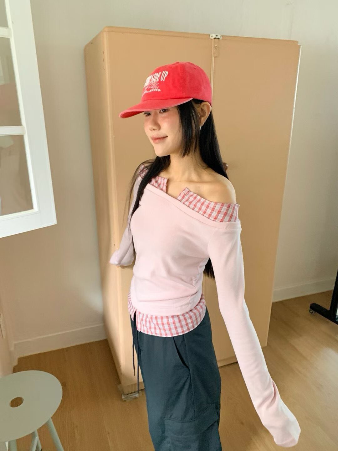 拚格子露肩合身T