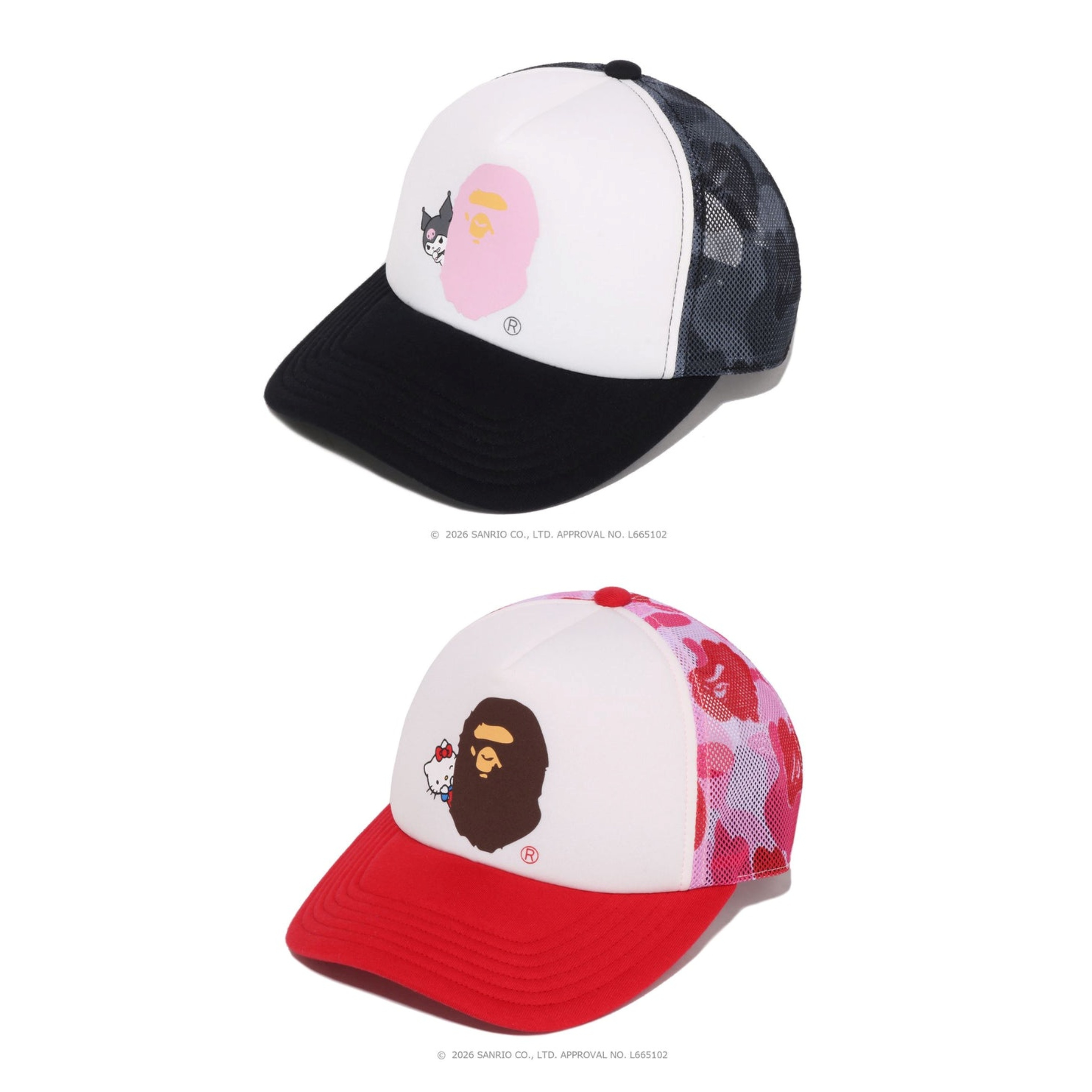 2026SS A BATHING APE BAPE X HELLO KITTY KUROMI ABC CAMO MESH CAP 三麗鷗 聯名 庫洛米 凱蒂貓 帽子 網帽 現貨 1M23280901 / 1M23280902