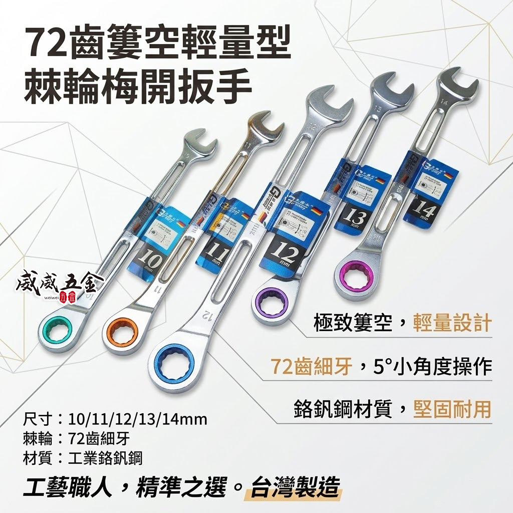 久美力 台灣製 品牌隨機｜10-17mm 彩色72齒加長型簍空輕量型棘輪梅花開口板手 輕量化棘輪梅開扳手