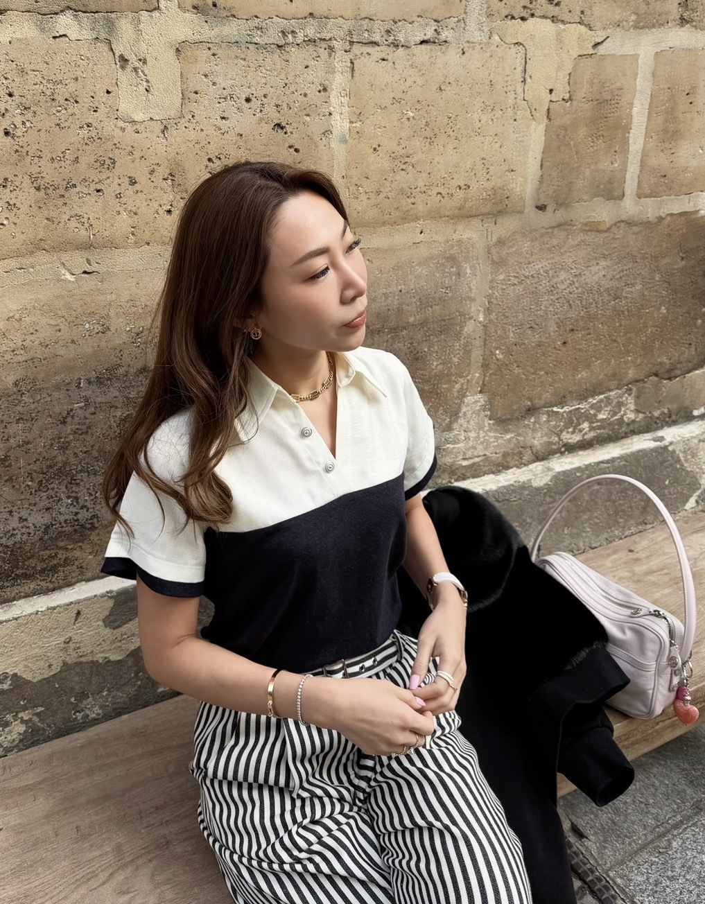 米白x深藍-優雅法式上衣-