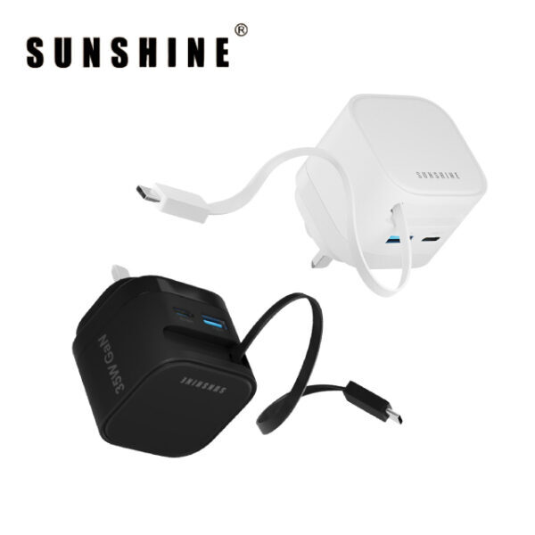 2插口GaN插牆式充電器 伸縮USB-C充電線 35W (黑色/白色) MPF-35BK/WH