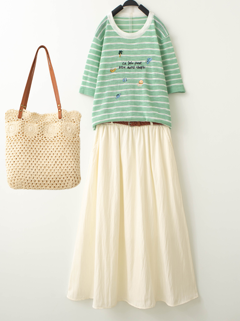 條紋微透膚針織短袖上衣百搭A字裙組合