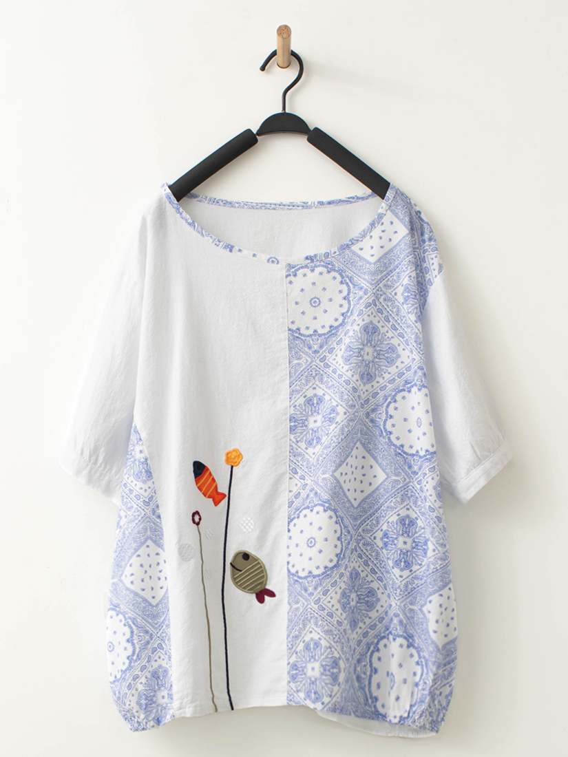日系雜貨風樹葉印花小魚刺繡拼接上衣