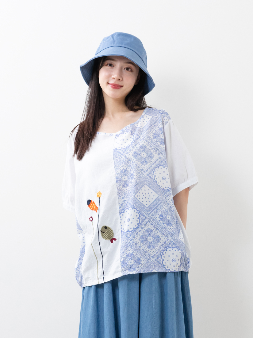 日系雜貨風樹葉印花小魚刺繡拼接上衣