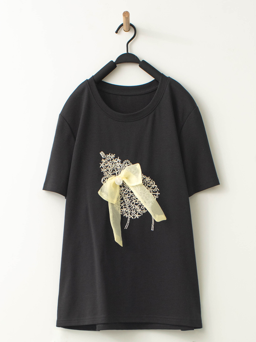 蝴蝶結縫珠刺繡短袖上衣打褶A字長裙組合