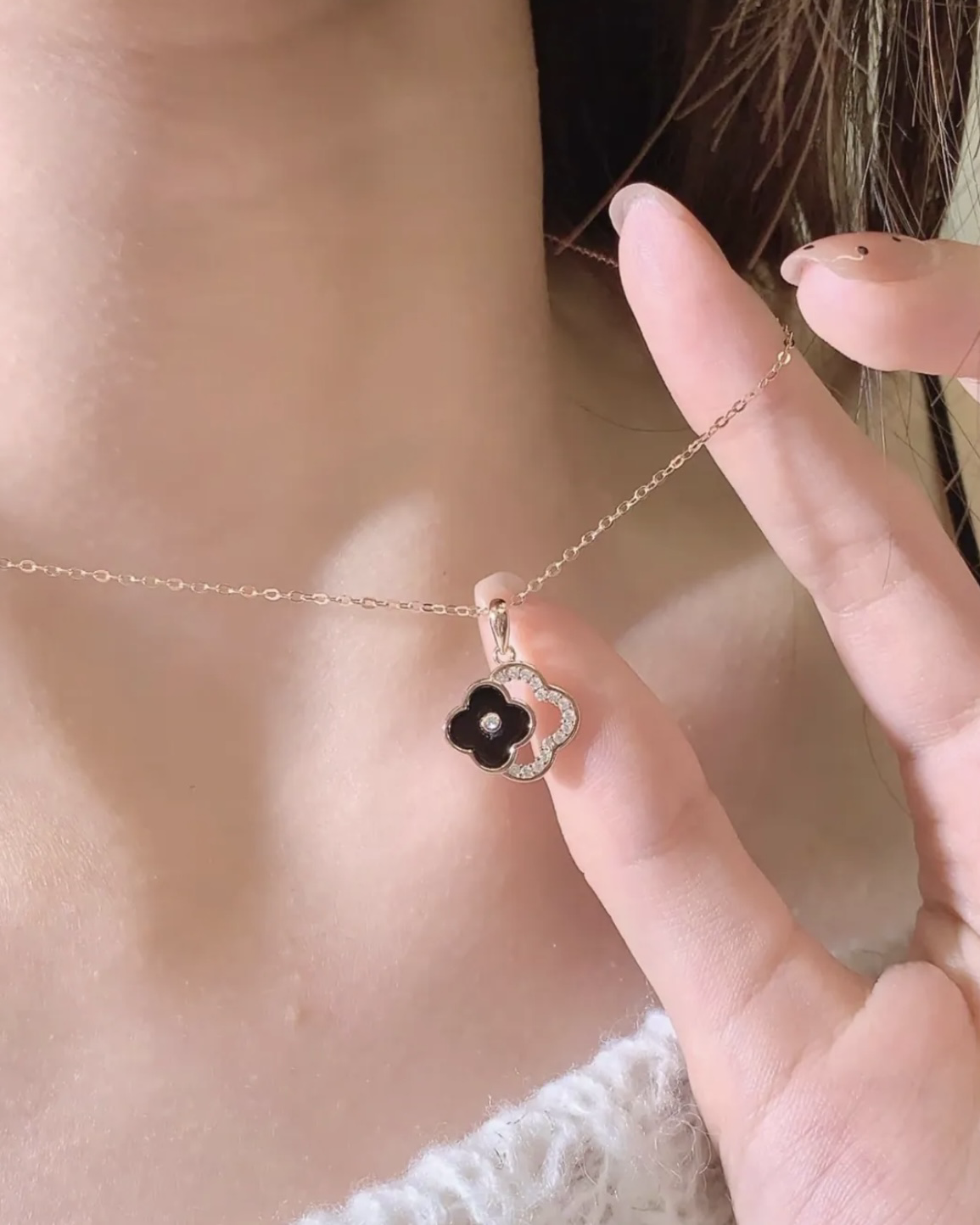 KADER 四葉幸運草系列 簍空 黑瑪瑙 項鍊 鎖骨鏈