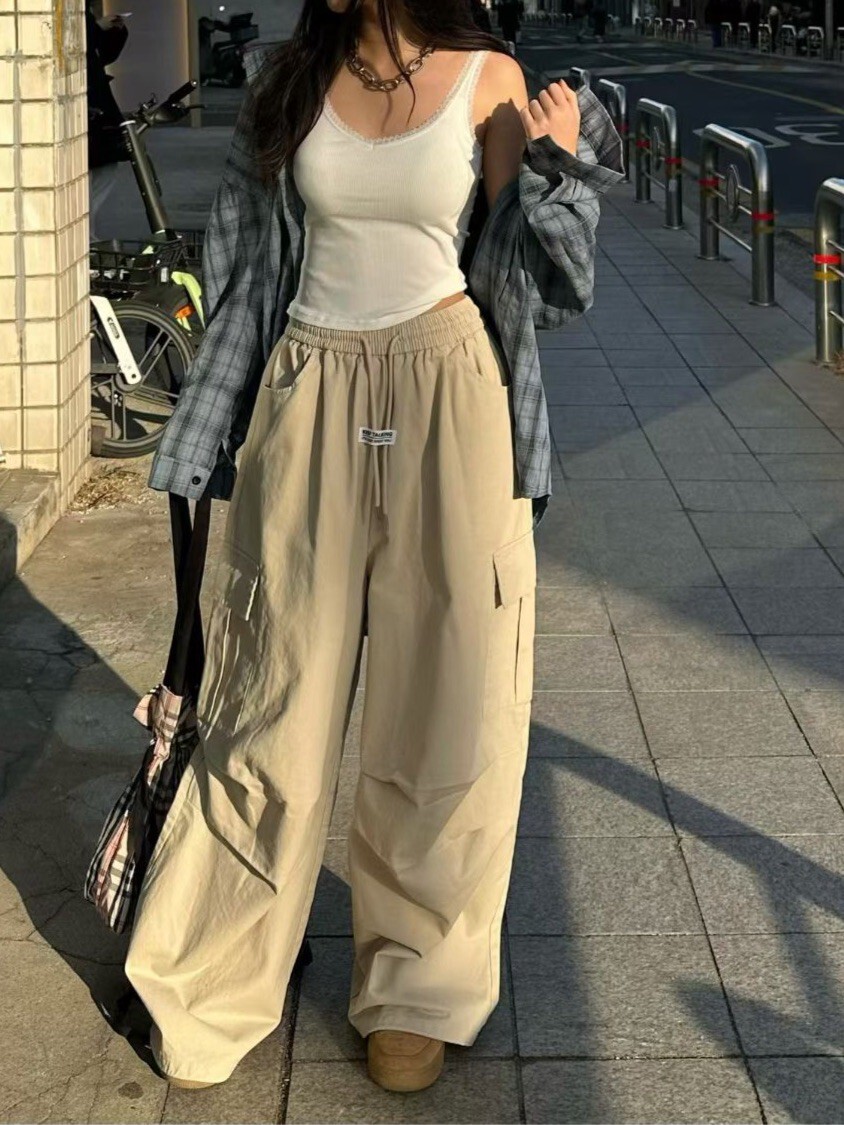 抽繩膝抓褶工裝褲