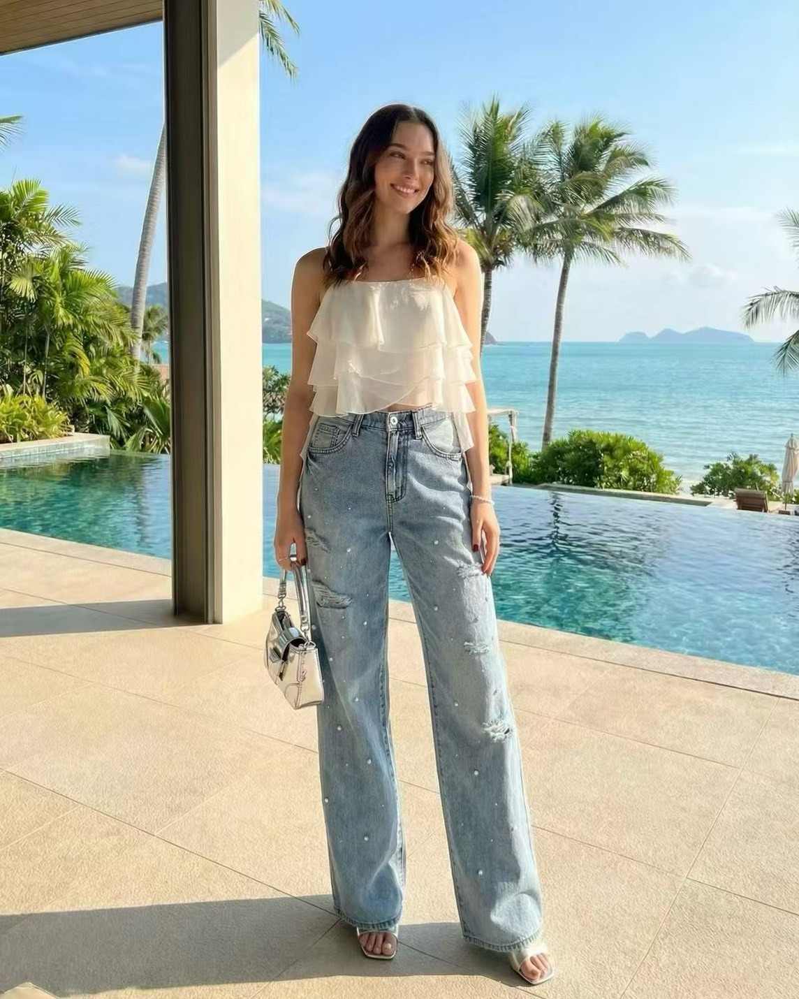 6094小鑽破損牛仔長褲