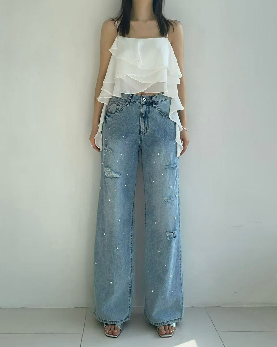 6094小鑽破損牛仔長褲