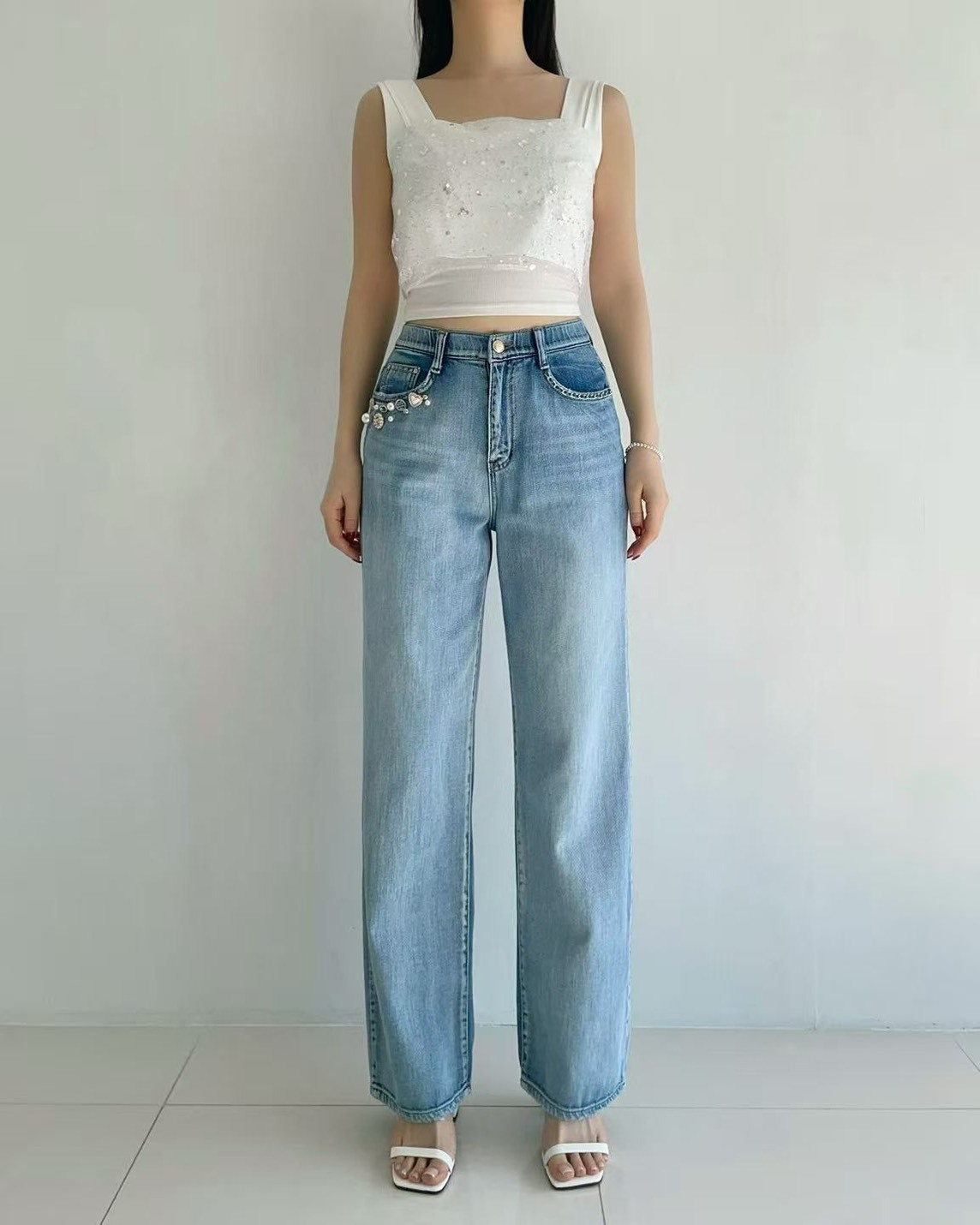 6085珠寶釦牛仔長褲