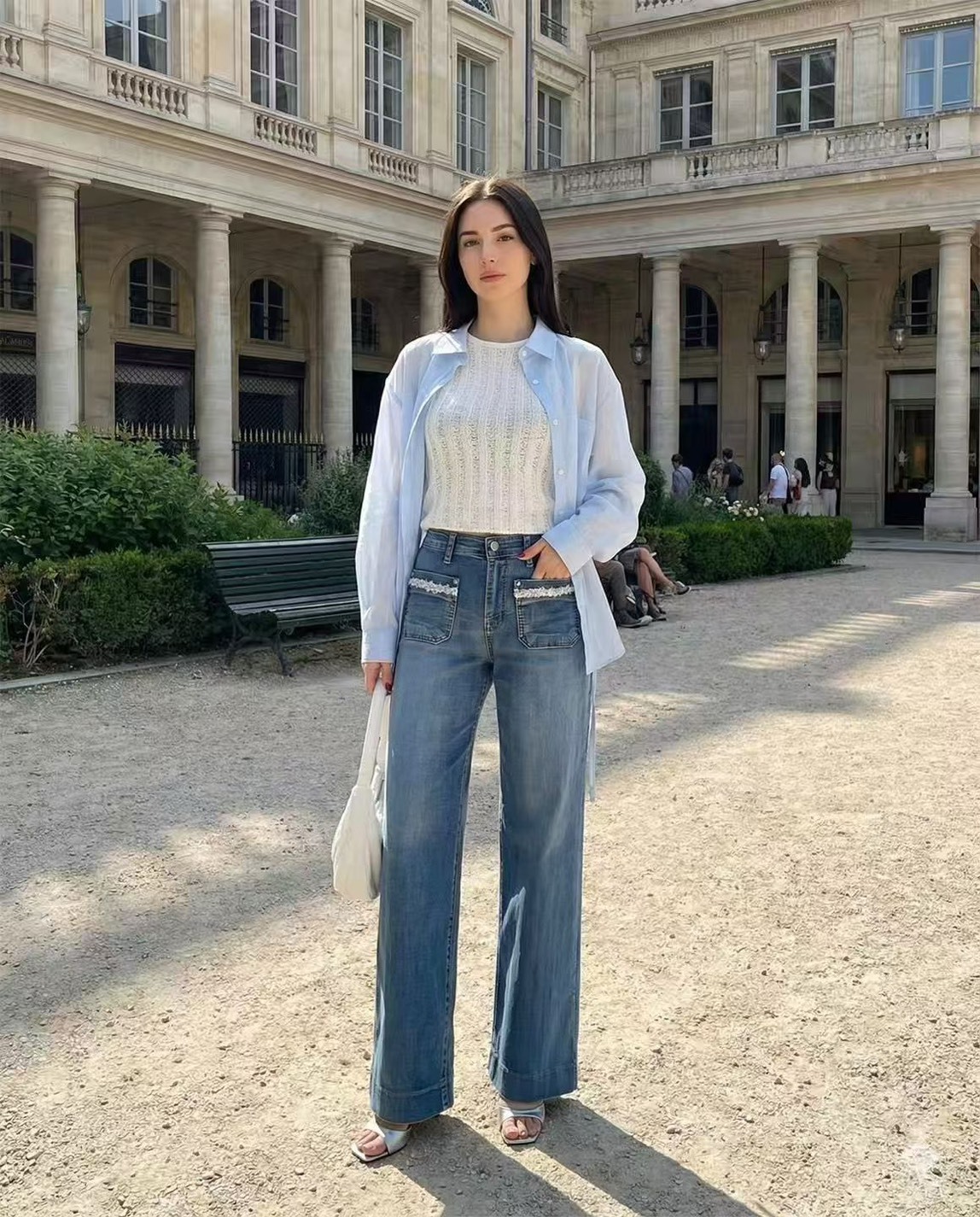 6083蕾絲口袋牛仔長褲