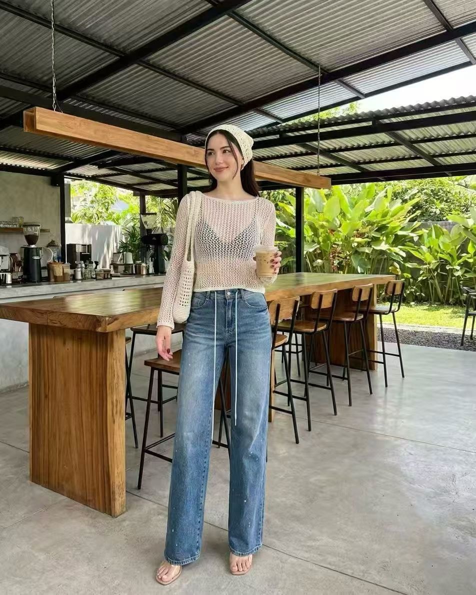 6017綁繩小破洞牛仔長褲