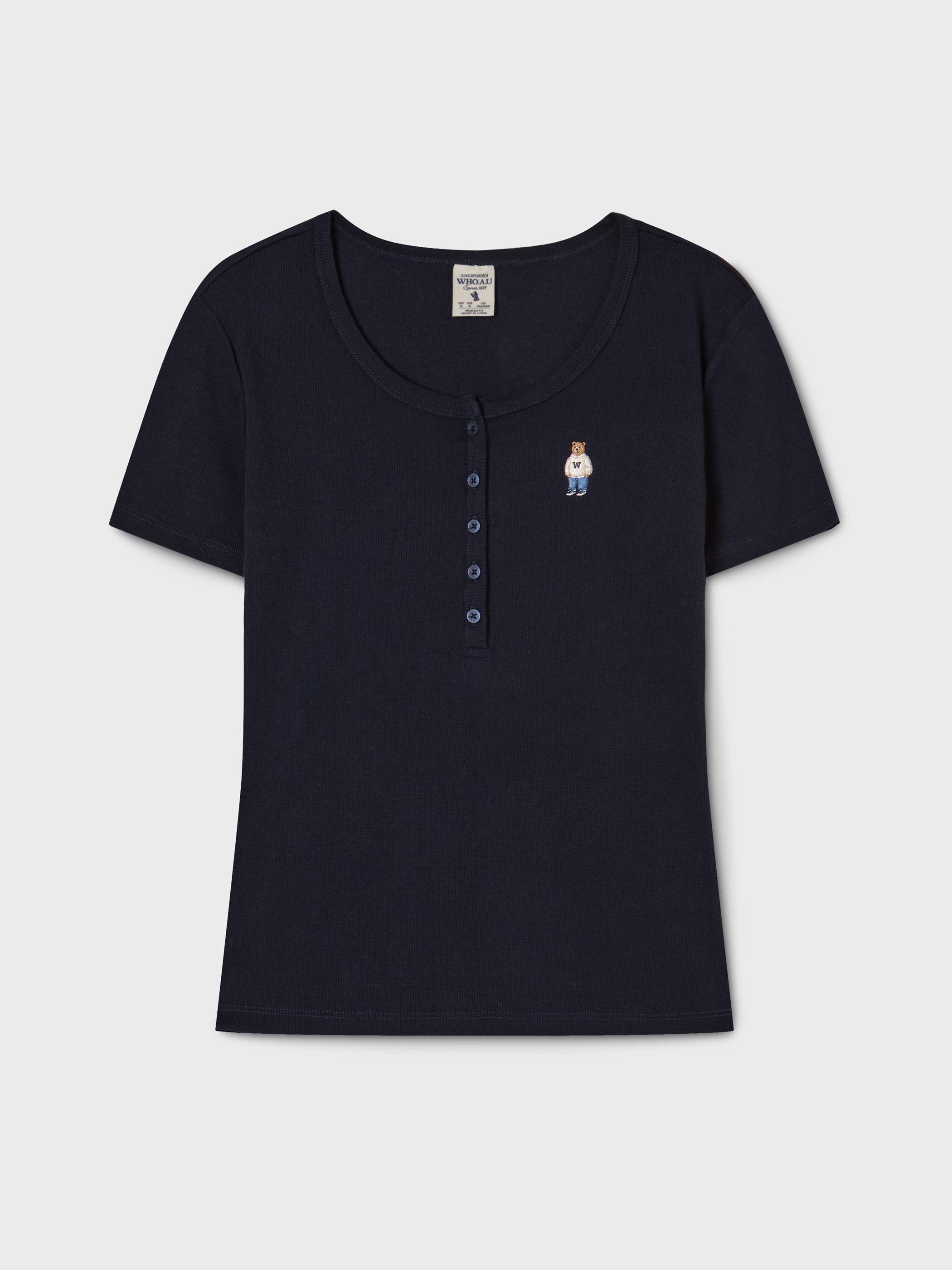 [K] WHO.A.U Steve Ribbed Henry Neck T-s, WHRAG2452F- (59)Navy (KWAU123)