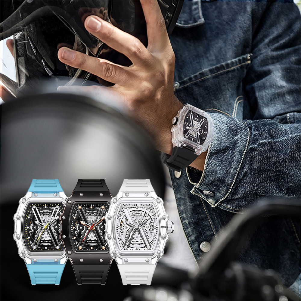 【RONMAR羅馬】冰原系列 RM-BA01 酒桶款 夜光指針刻度 高透光PMMA錶殼圈 鏤空錶蓋 動力儲存 機械 手錶