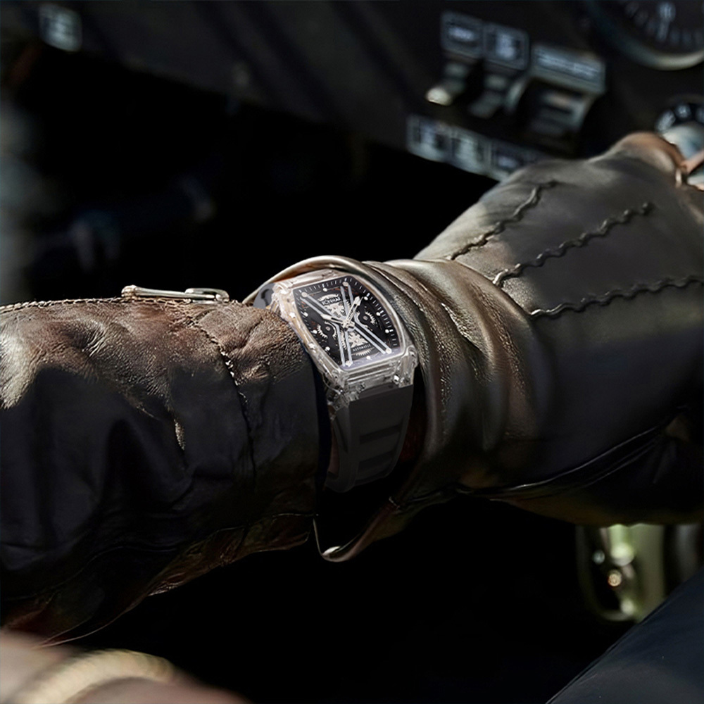 【RONMAR羅馬】冰原系列 RM-BA01 酒桶款 夜光指針刻度 高透光PMMA錶殼圈 鏤空錶蓋 動力儲存 機械 手錶