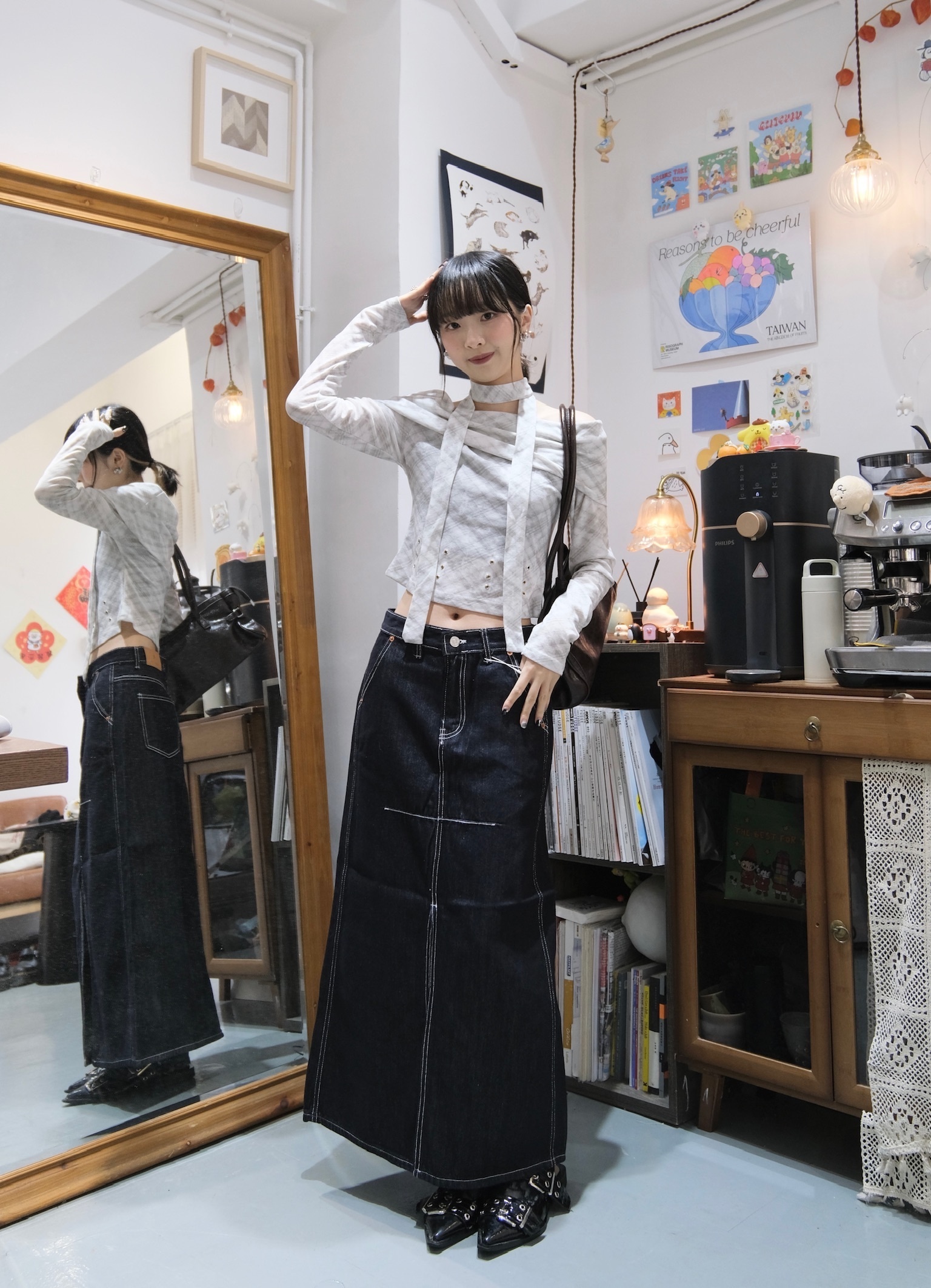 配頸帶暗格紋平口Top