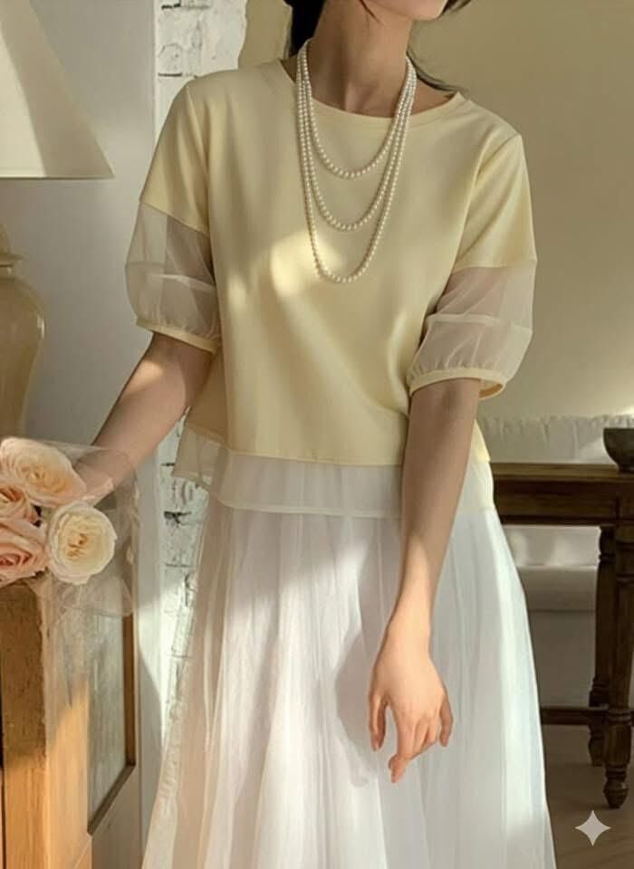 韓國高質拼紗袖top~156AM