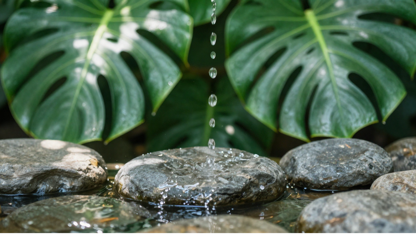 水滴石頭綠色植物代表滋潤保濕概念