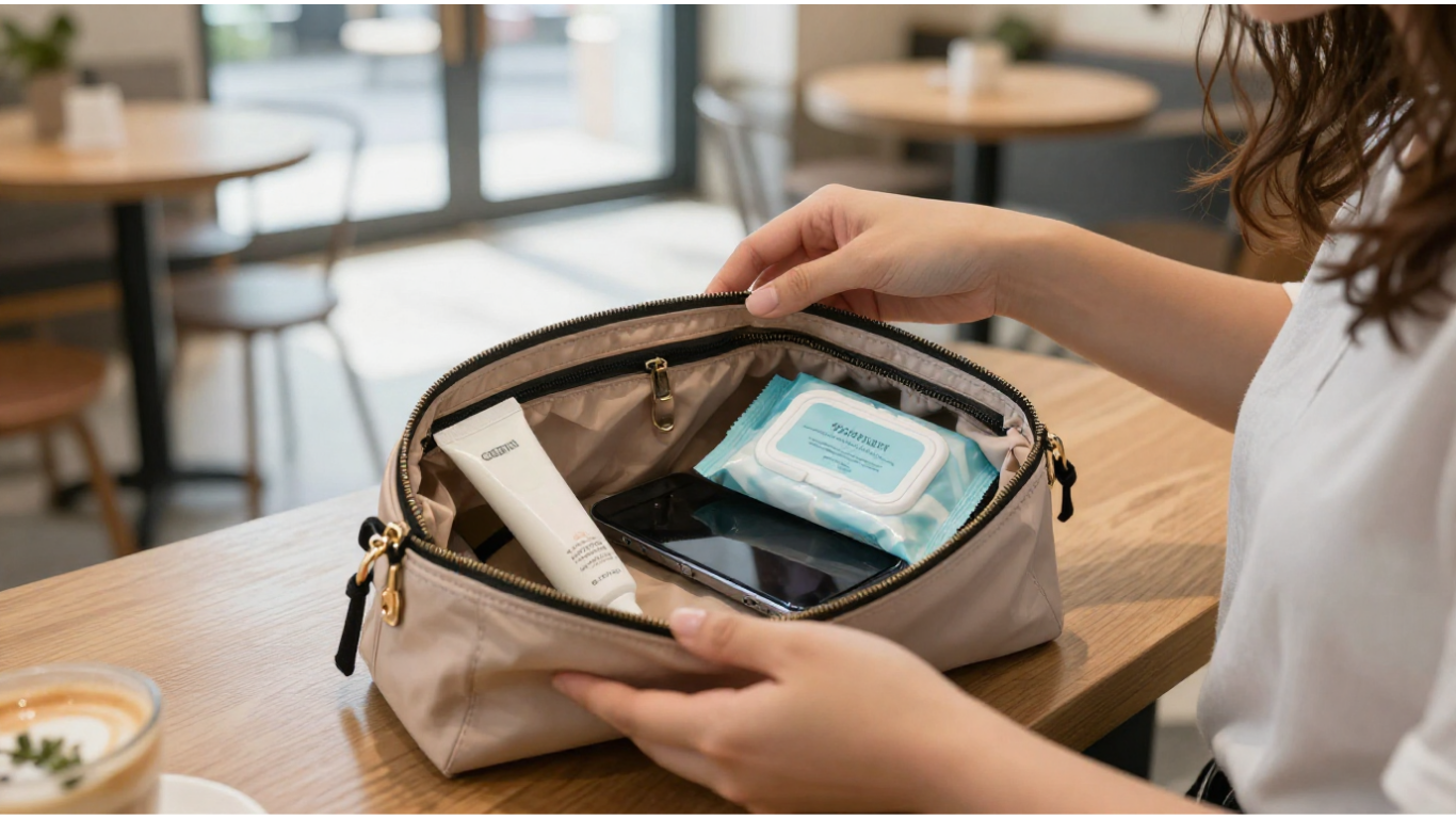 女性手袋內隨身攜帶護理用品概念