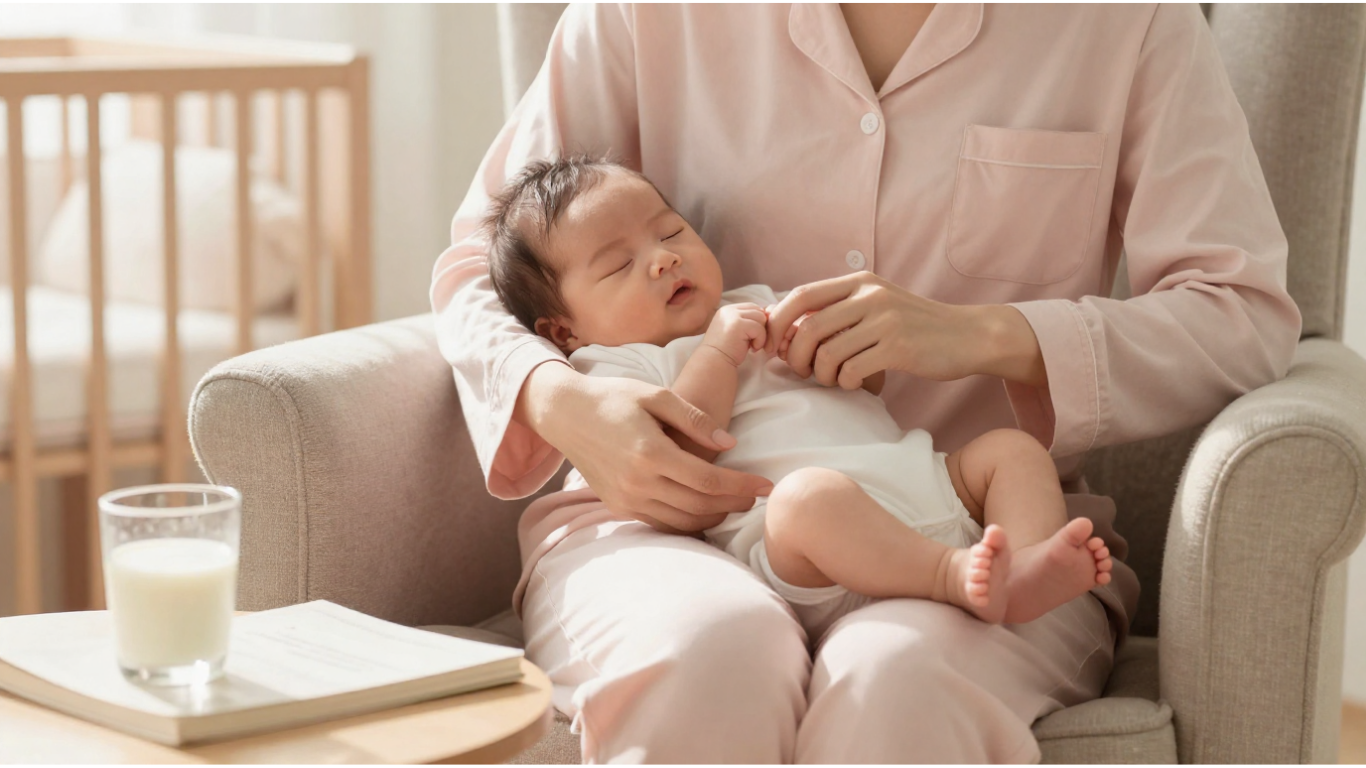 新手媽媽抱嬰兒產後溫柔呵護場景