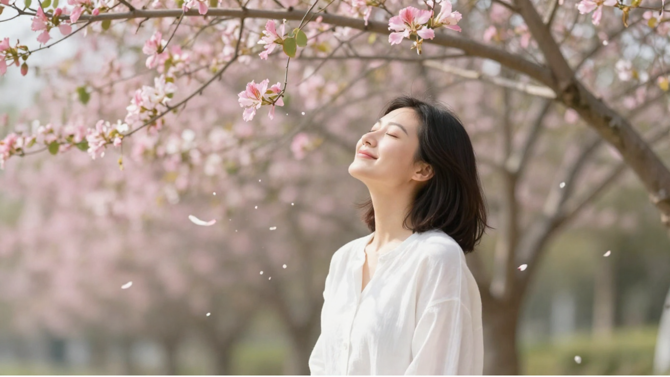 女性站在花樹下抬頭感受陽光愛自己