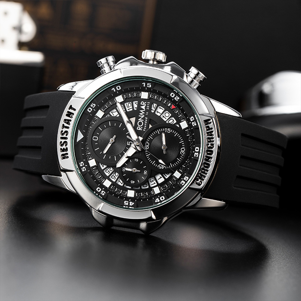 【RONMAR羅馬】熊貓系列 RMSR01 三眼 計時 夜光指針刻度 日期顯示 矽膠錶帶 石英 手錶