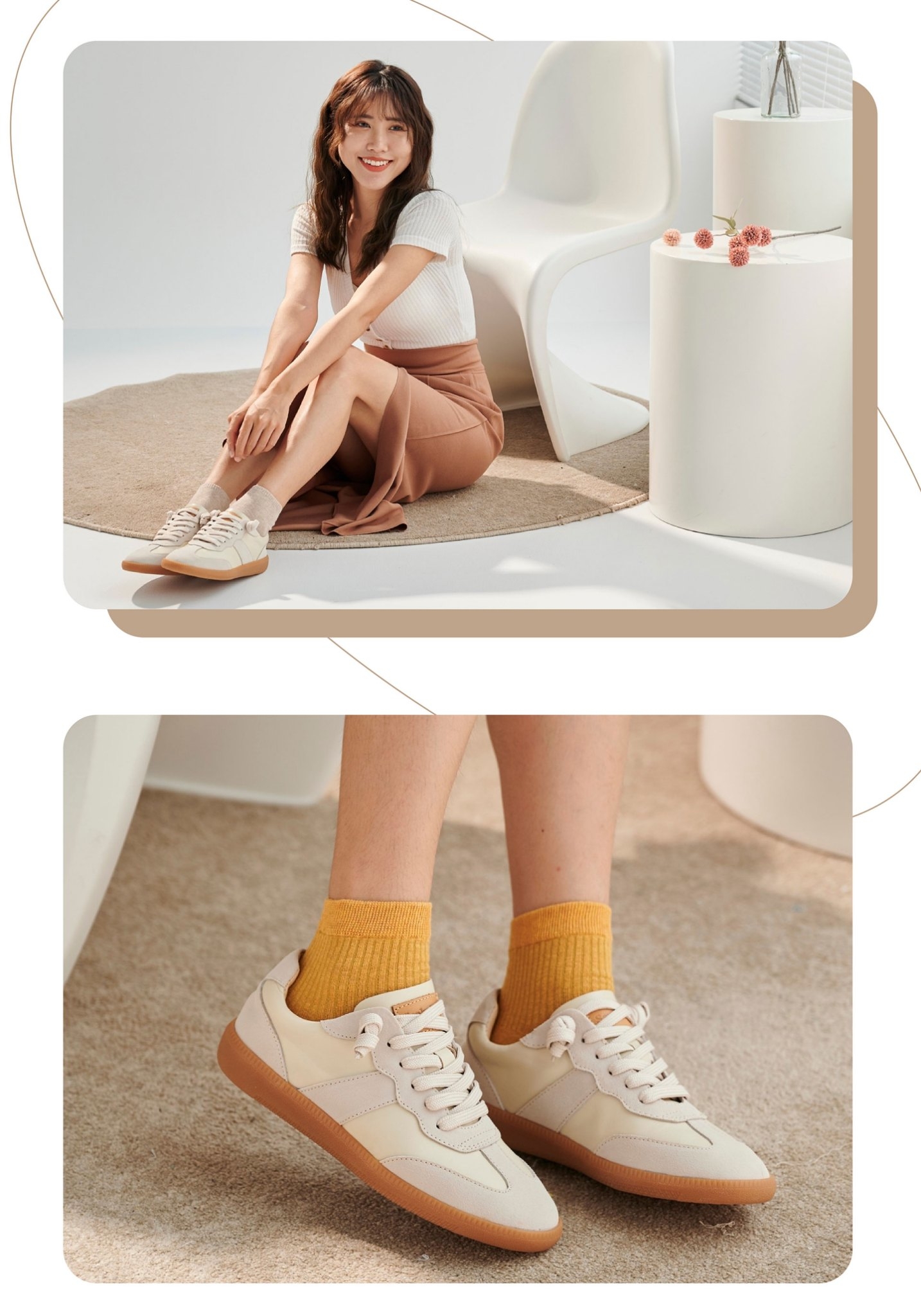 Sanly Joy Emily genuine leather trainer sneakers cream apricot women outfit styling