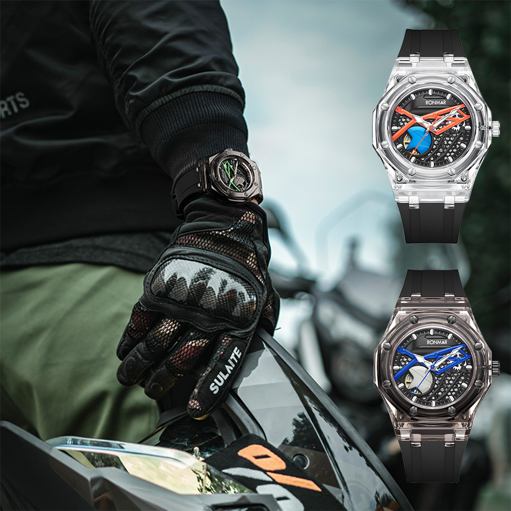 【RONMAR羅馬】機車系列 MotoX 夜光指針刻度 動力儲存 高透光PMMA錶殼 矽膠錶帶 機械 手錶