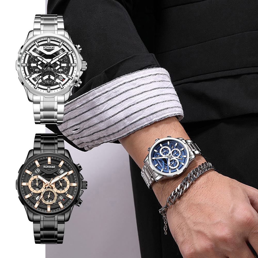 【RONMAR羅馬】疾風系列 RMGL02O2/RMGL02L2 三眼 計時 夜光指針刻度 日期顯示 鐳雕錶蓋 不鏽鋼 石英 手錶