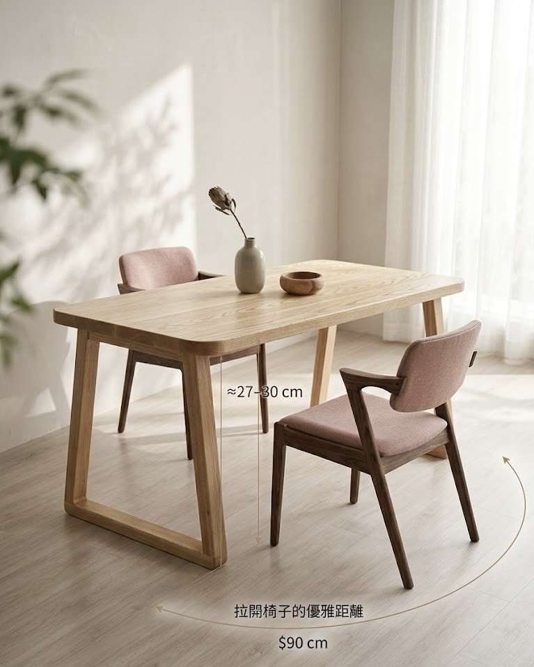 HOYI好寓伴日全實木餐桌，標示27-30cm黃金高度差，人體工學餐椅挑選建議