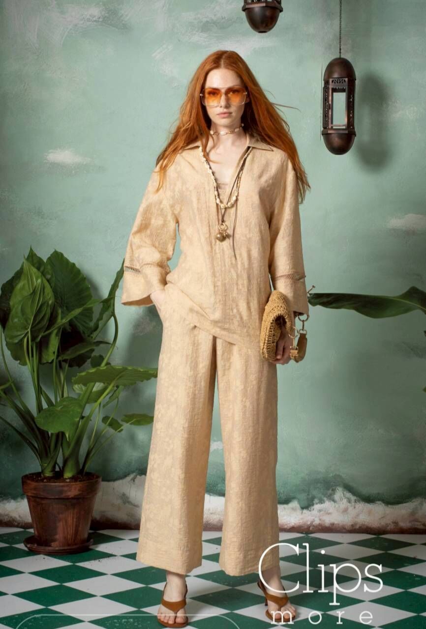 Clips more 亞麻立體刺繡休閒寬褲