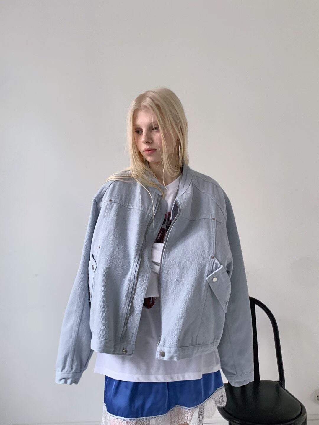 #AF04單寧無領夾克(粉/藍)