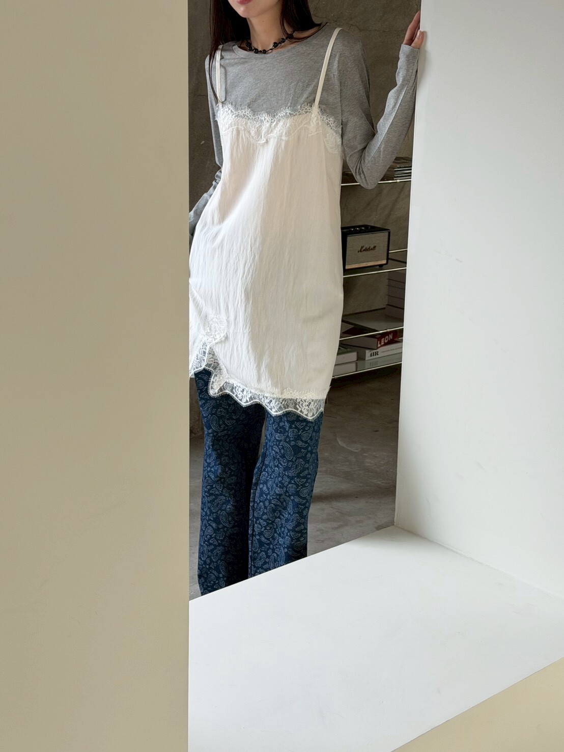 #AF18假兩件蕾絲長版上衣(黑/白)