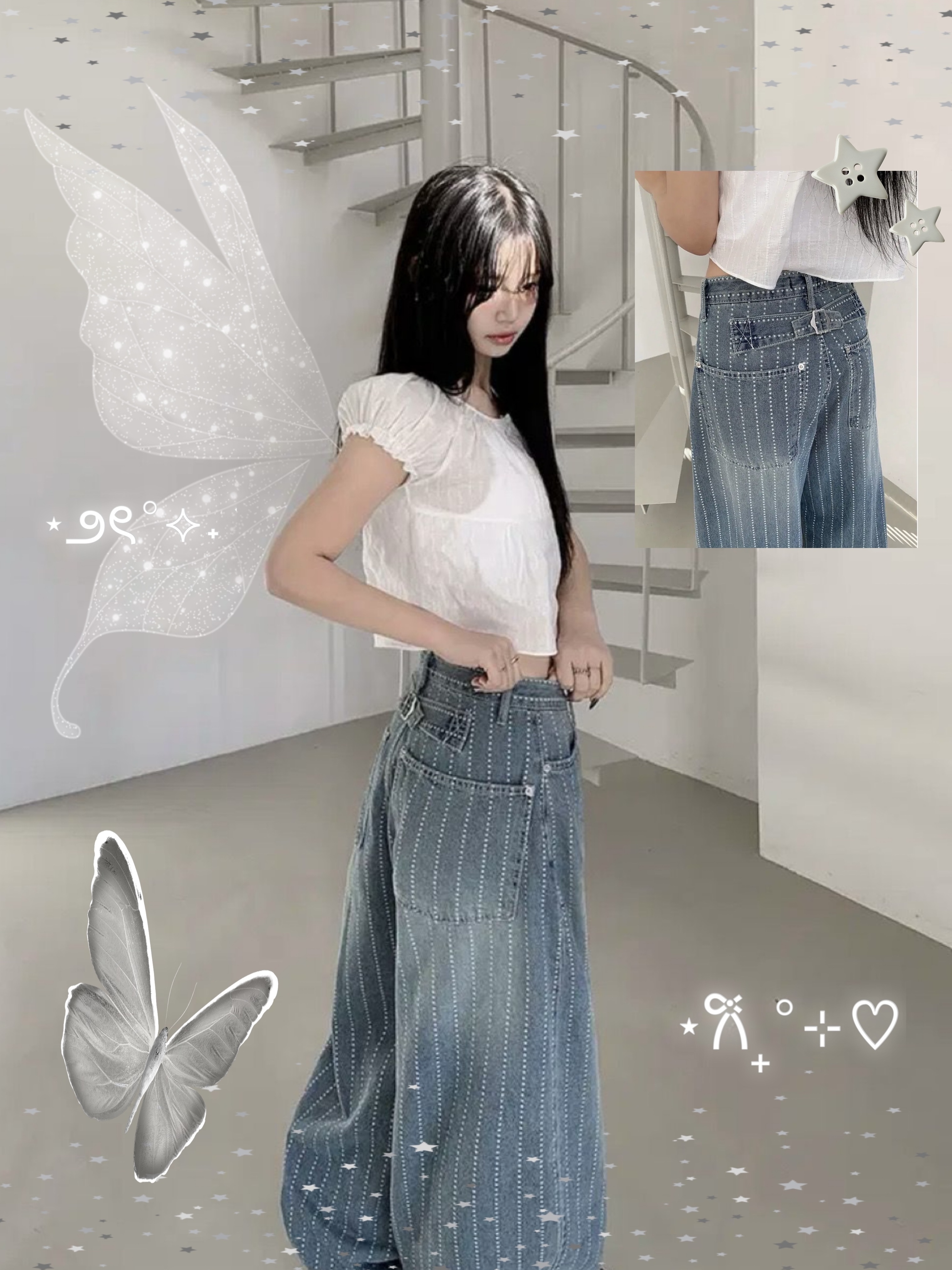 【網站限定優惠】直紋星星彎刀褲