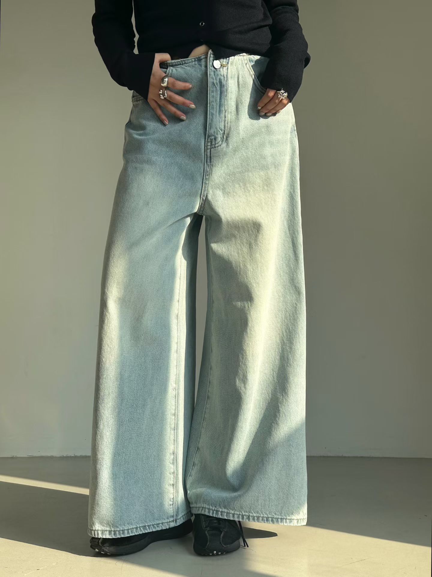 無腰頭造型牛仔寬褲