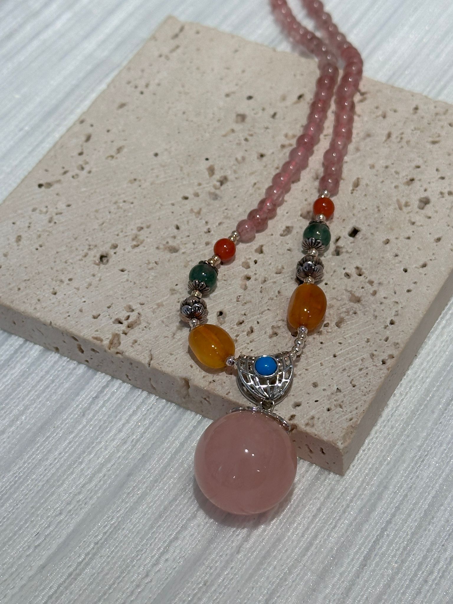 SL13216/全人手超旺人緣櫻花粉晶長頸鏈