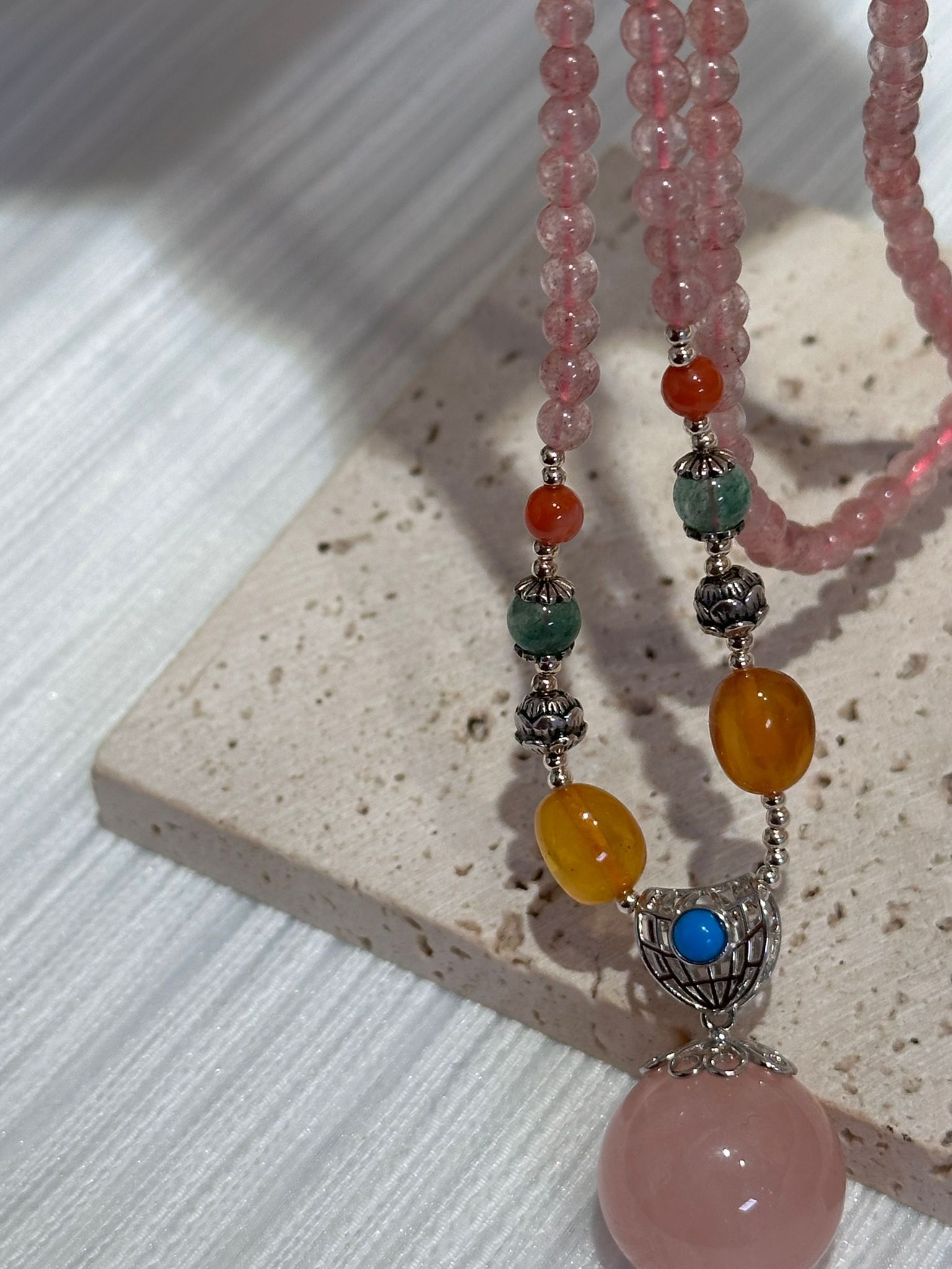 SL13216/全人手超旺人緣櫻花粉晶長頸鏈